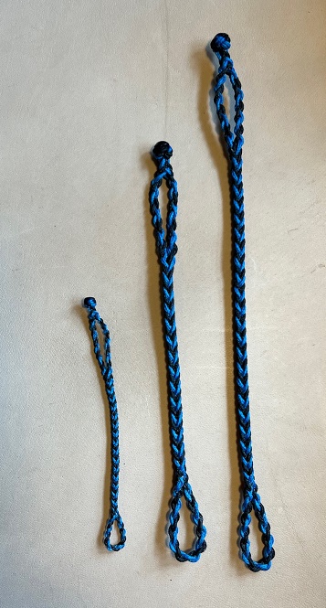 EIGHT STRAND SQUARE BRAIDED JESS EXTENDERS IN THREE SIZES - Black and Blue color.